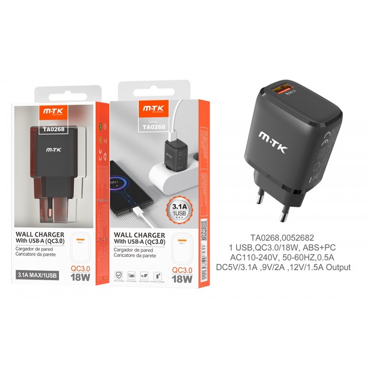 CHARGEUR SECTEUR RAPIDE RED MACHINE GUN - 3.1A MAX - SANS CABLE -1USB - TA0268 - NOIR